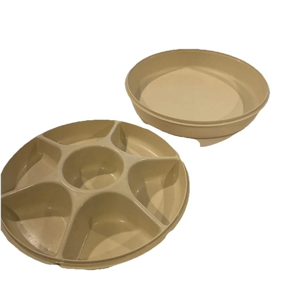 Vtg Tupperware‎ Large Divided Veggie Party Dip Tray Complete 2 Set Almond/Beige